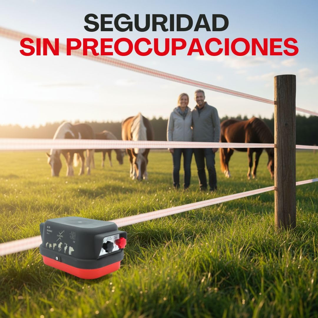 Pastor eléctrico Llampec Mod.RH con batería recargable 12V – 1,6 J, 9.500 V y 10 km de alcance – Especial para caballos y uso en competiciones Raid Horse – Fabricado en España