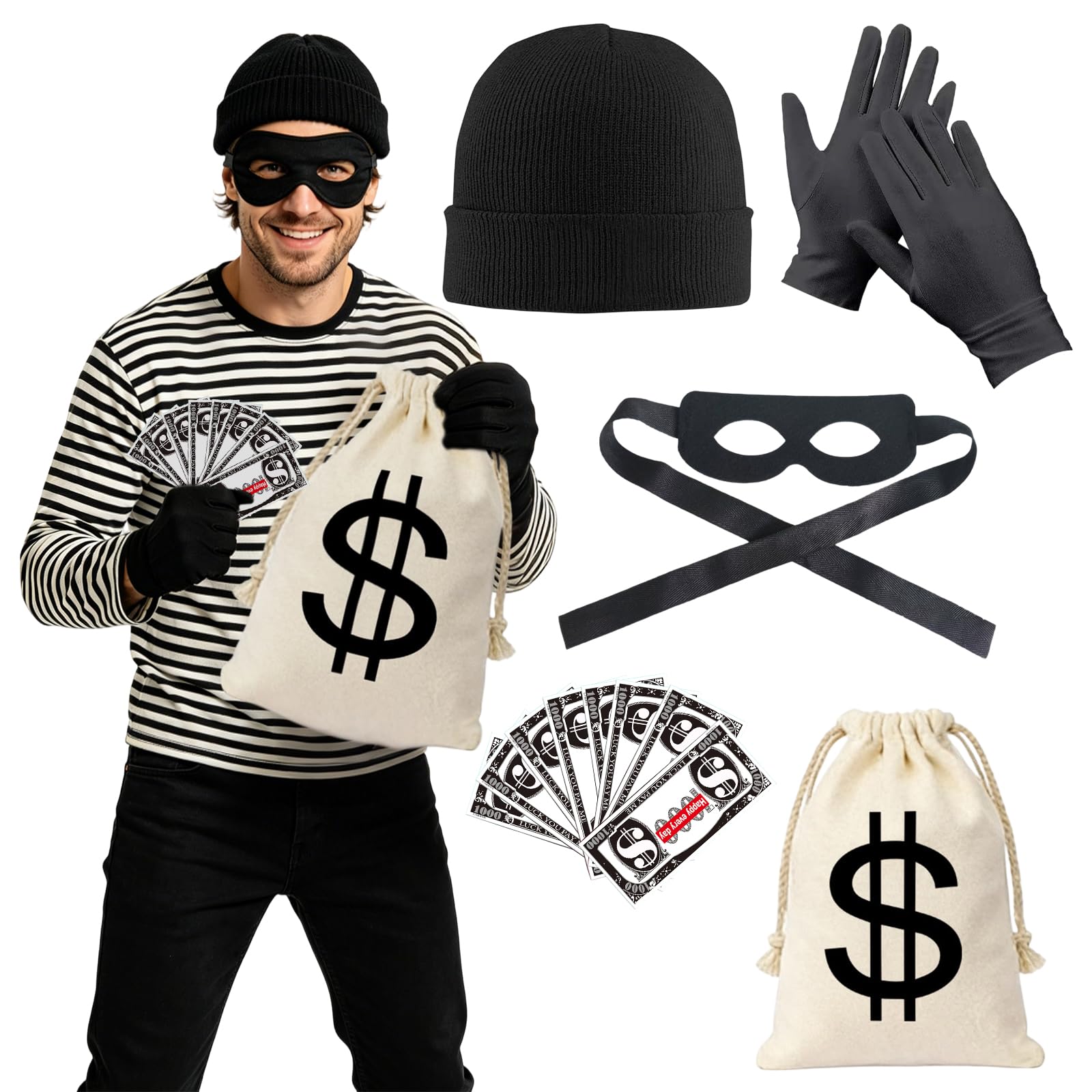 5 Pieces Thief Costume, Thief Cosplay Accessory with Hat, Eye Mask, Gloves, Money Bag, Fake Banknotes, for Halloween, Carnival, Cosplay, Black