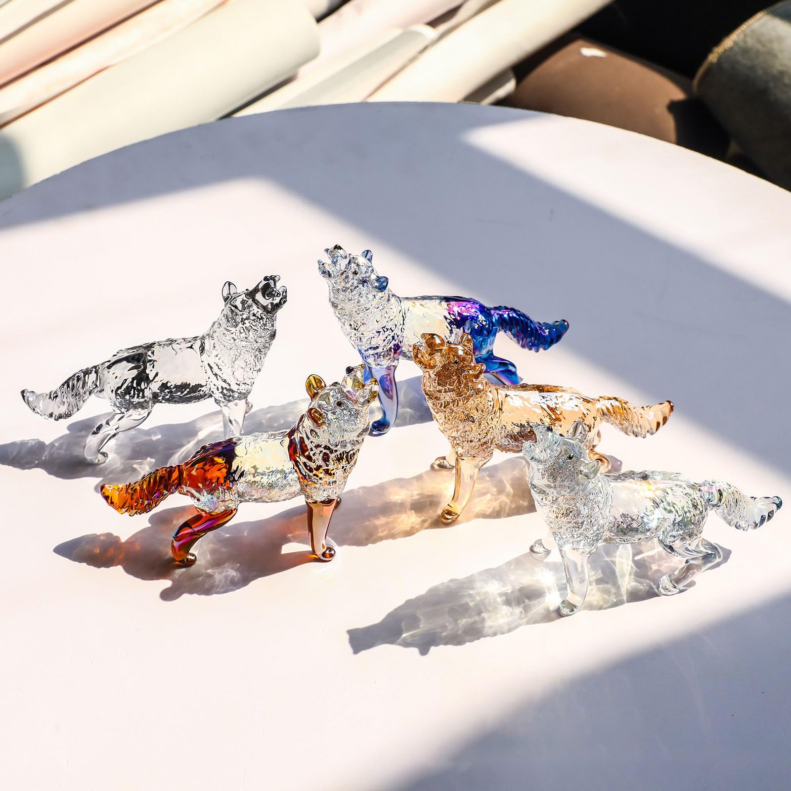 Figura de lobo de cristal de cristales, estatua de lobo aullido, escultura de animales de vidrio, pisapapeles coleccionable, decoración del hogar