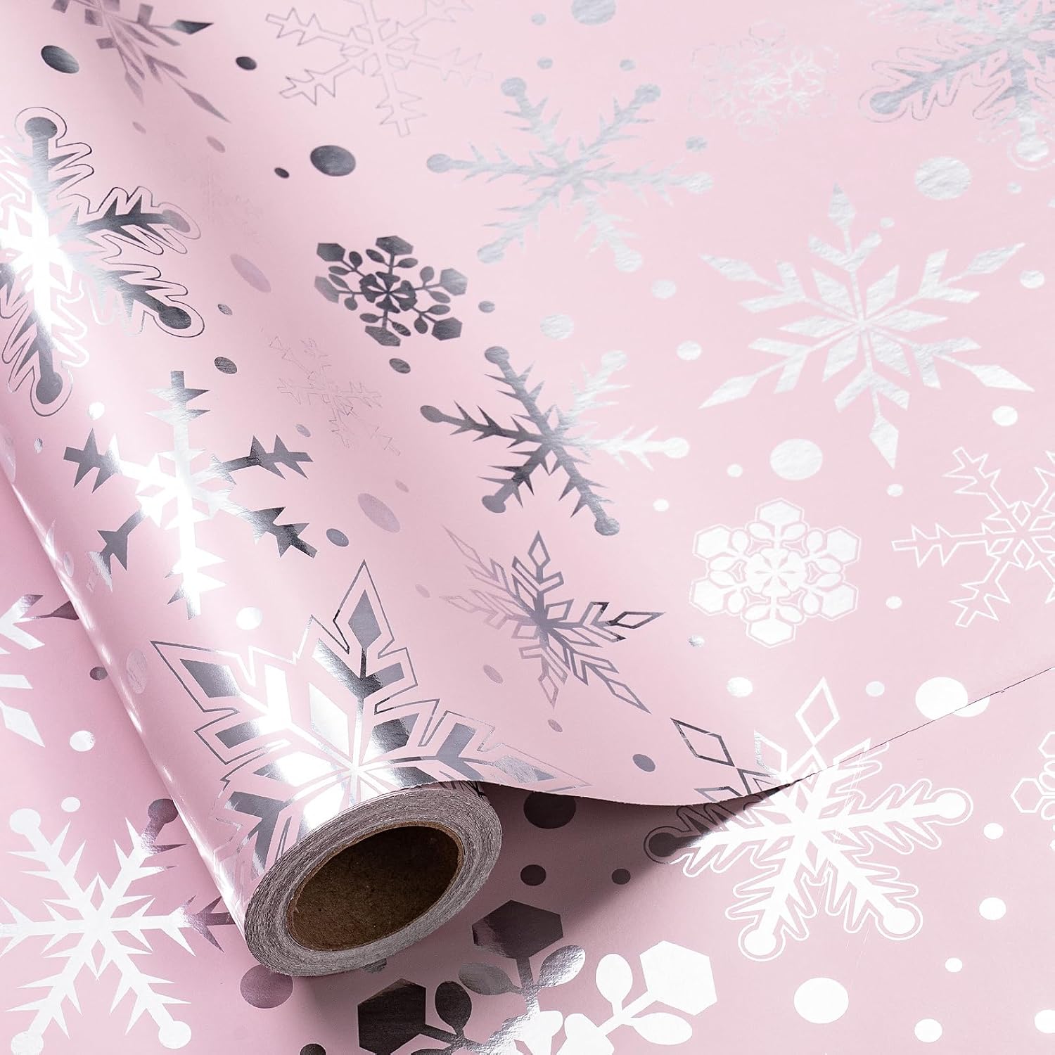 RUSPEPA Silver Foil Snowflake Christmas Wrapping Paper Roll, Mini Roll, Elegant Silver and Pink Snowflake Design Gift Wrap Paper, Perfect for Holiday Gifts, Christmas Party, 30 Inches x 32.8 Feet Gold Foil Snowflake Pink 30 in x 32.8 ft