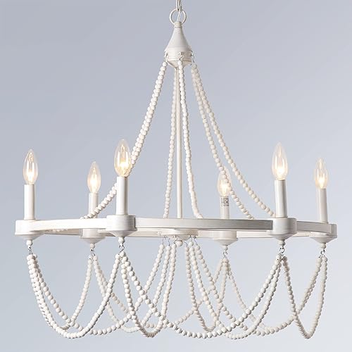 COCOSTAR 28 Inch White Beaded Chandelier Light Fixture Boho Style,