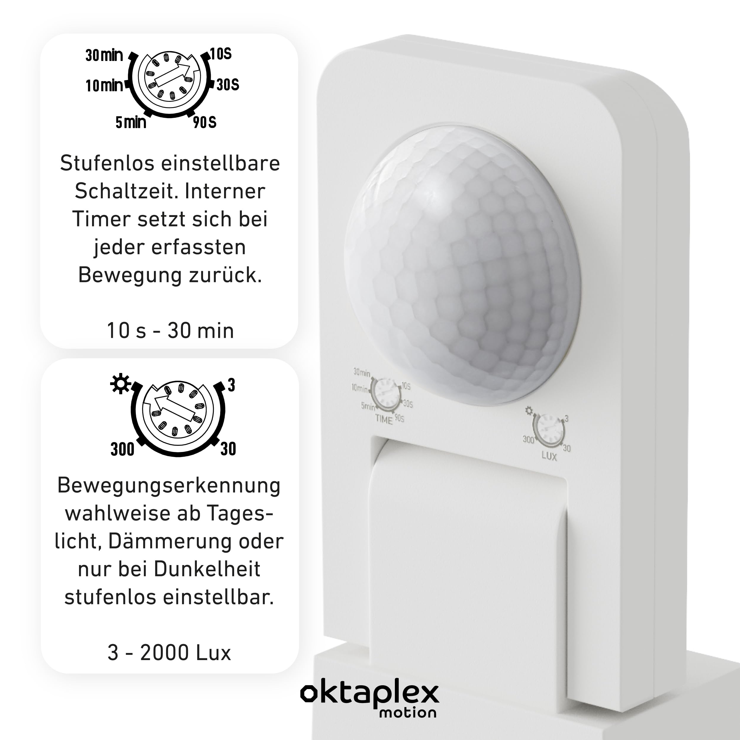 Oktaplex 2er Set Tea Bewegungsmelder Aussen weiß | 360 Grad 9m IP65 schwenkbar Aufputz Motion Sensor 230V für Decke und Wand