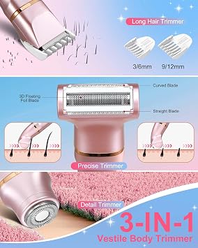 Bikini Trimmer for Women, Electric Razors for Women 3-in-1 with Specialized Heads for Face, Body & Bikini Line, Waterproof Rechargeable Bikini Shaver with Foil Shaver and Facial Hair Remover