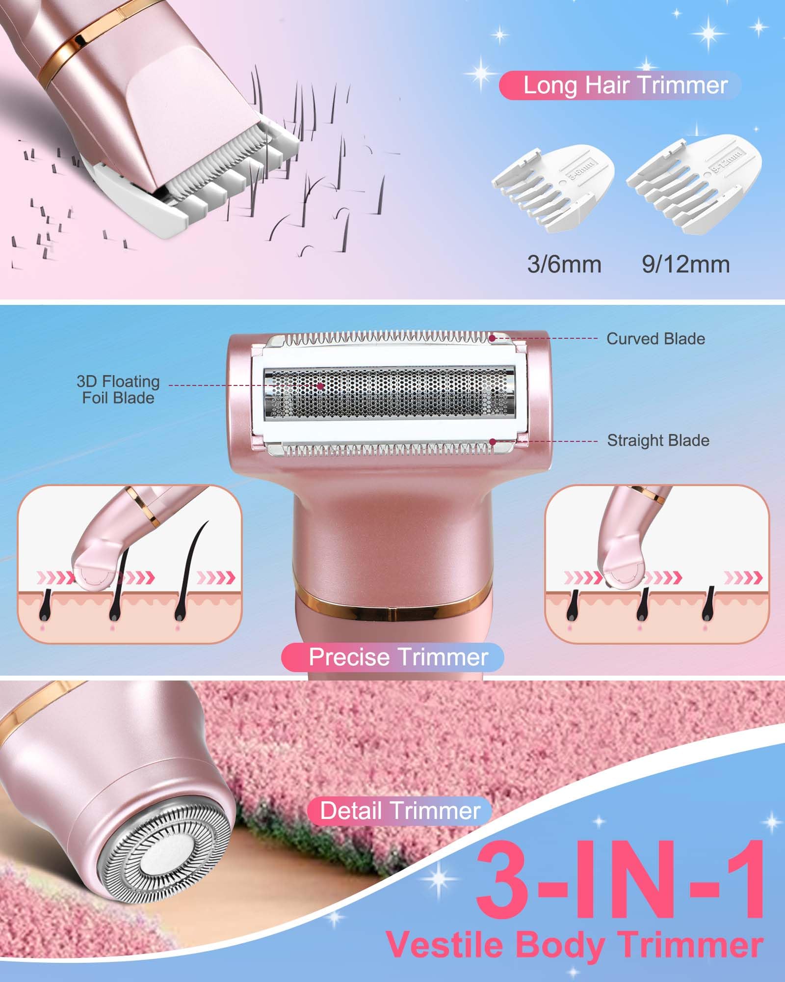 Rasoio da donna, 3 in 1, rasoio intimo da donna, depilatore per il viso da donna, rasoio elettrico da donna, per gambe, braccia e zona bikini, ricaricabile IPx7, impermeabile, trimmer da donna, oro