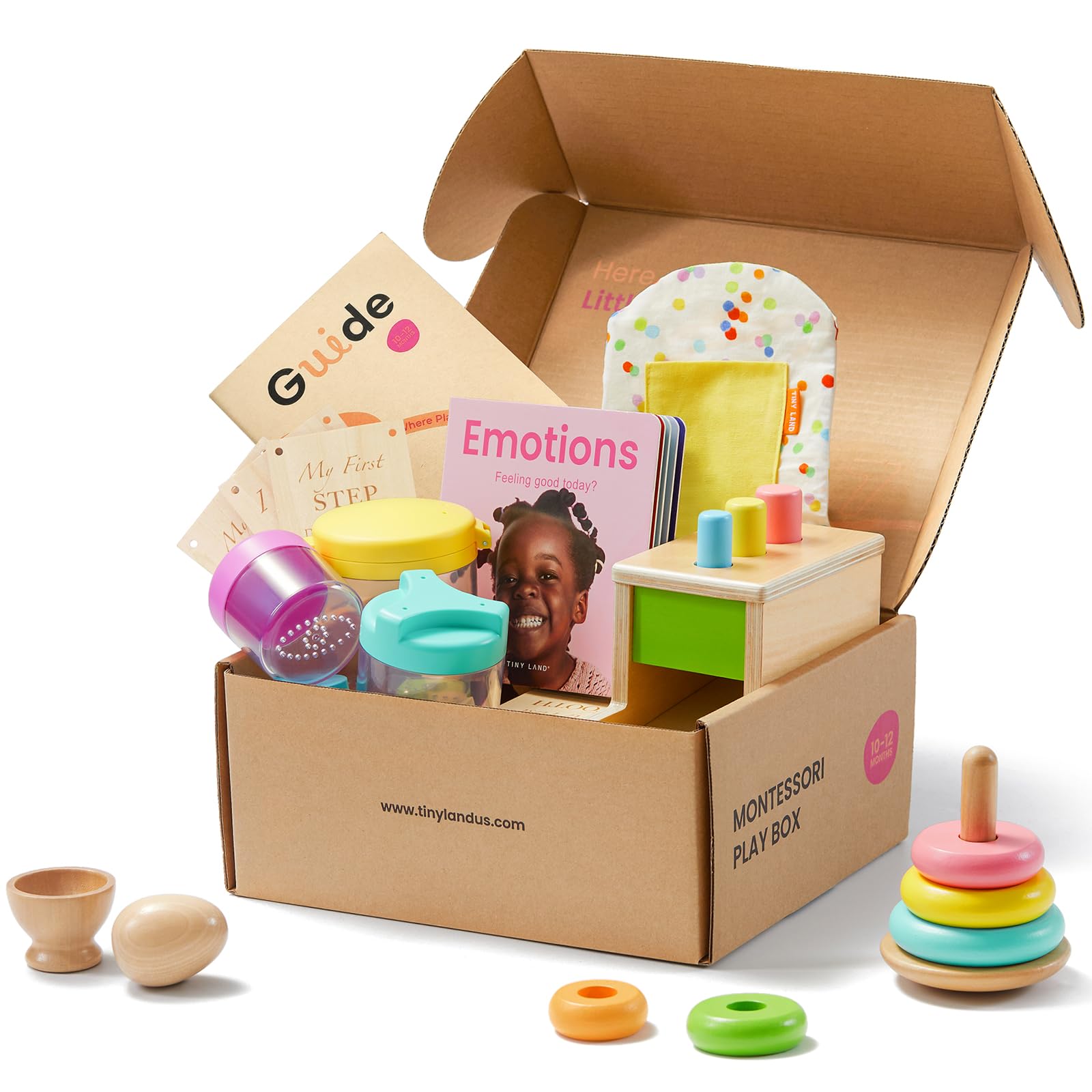 Tiny Land Montessori Toy Set for Babies 1 Year Old Thinker Play Kit- 5-in-1 Wooden Learning Toys with Peg Drop Box, Rocking Stacker, Egg Cup, Canister Set, and Crinkle BagThe Forest Stewardship Council