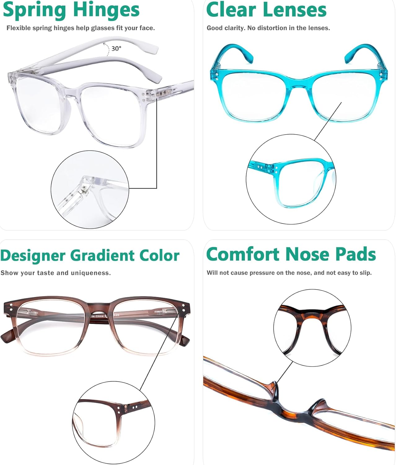 Eyekepper 5 Pack Large Reading Glasses - Square Readers for Men Women Reading +0.75