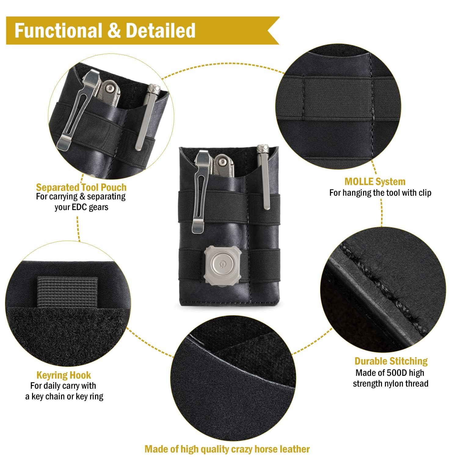 VIPERADE PL5 - Ultra Slim Lightweight EDC Multitool Pouch Organizer Multifunktion Durable Leder Tool Pocket Pouch, Taschenlampenhalter, Stifthalter, Werkzeugscheide, Messerscheide