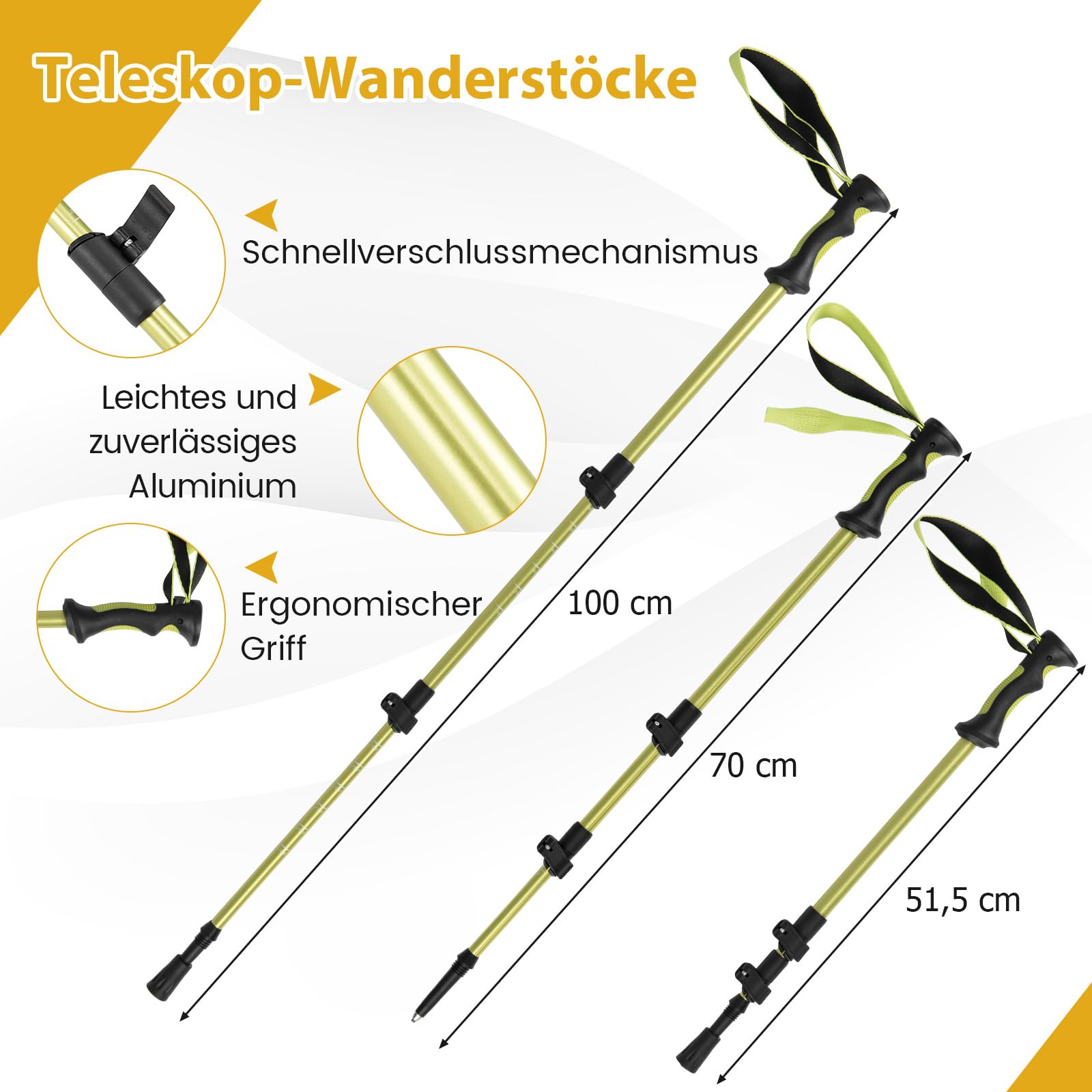 GYMAX 42 cm leichte Schneeschuhe, Schneeschuh-Set mit verstellbar Trekkingstöcke aus Alu & Tragetasche, Bergausrüstung Wandern auf Schnee für Kinder, belastbar bis zu 35 kg, Gelb