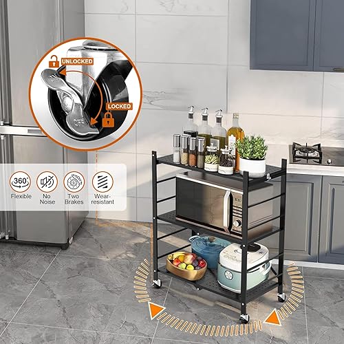 Miniatura 4 de Himix Estantes de almacenamiento con 6 ganchos, estante plegable de 3 niveles con ruedas, estantería de almacenamiento de metal, carrito rodante,