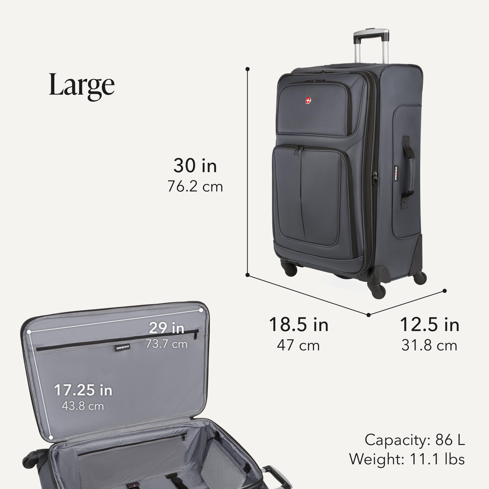SWISSGEAR Sion Softside Expandable Spinner Luggage Durable Lightweight Travel Suitcase, Dark Grey, 3-Piece Set (Carry-On/Medium/Large) view 4