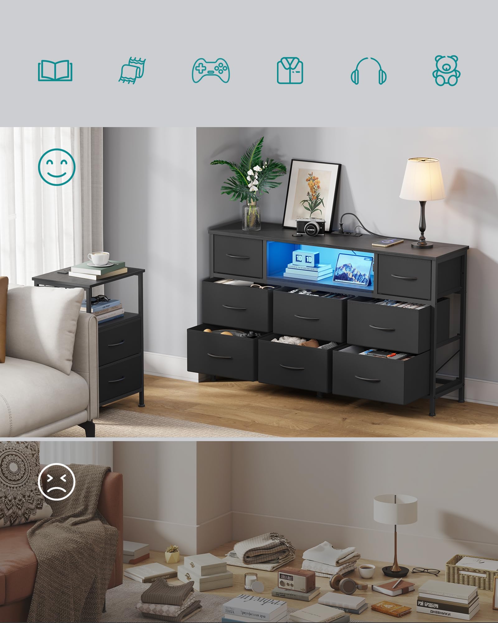 SONGMICS Komoda z 8 Szufladami, Szafka RTV z Oświetleniem LED i Stacją Ładującą, Otwarta Półka, Stalowa Rama, do Sypialni, Salonu, 113,8 x 30 x 68,1 cm, Czarny, Kolekcja BELLAH LGS433BH02