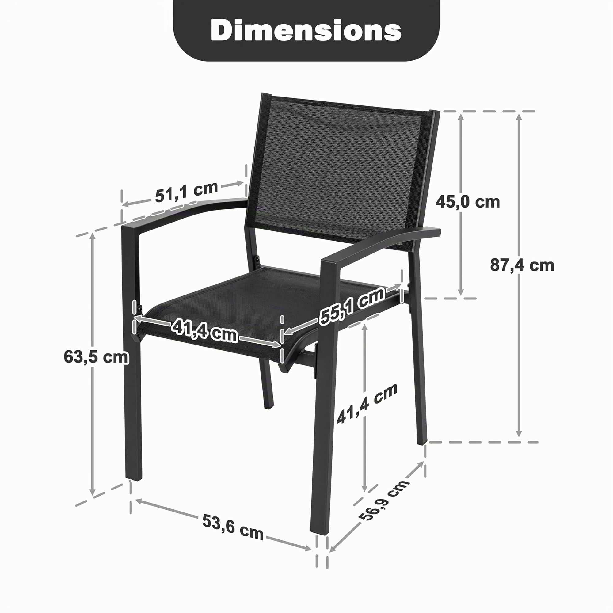 Avestar Ensemble de 2 Chaises de Jardin Extérieur en Textilène Respirant, Fauteuil, Chaises de Table de Jardin, Chaise Empilable pour Toutes Les Conditions Météorologiques, Noir
