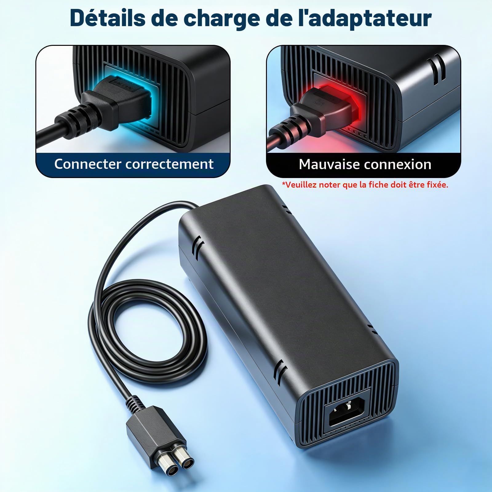 Câble d'alimentation pour Xbox 360 Slim, bloc d'alimentation avec câble d'alimentation pour Microsoft Xbox 360 Slim, bloc d'alimentation chargeur câble de charge, câble d'alimentation universel pour