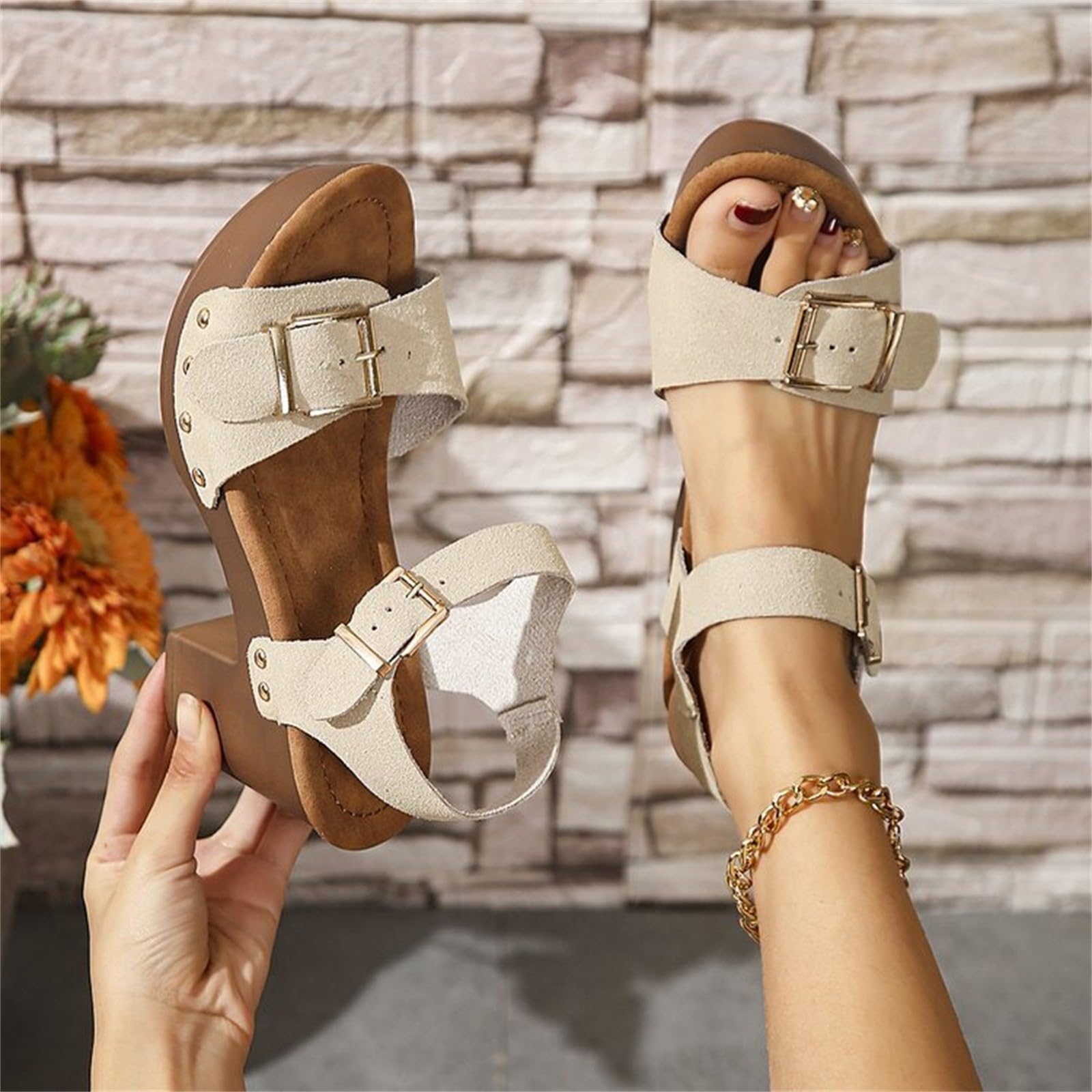 Scarpe da donna estive chic e comode tacchi con zeppe, pantofole da donna estive comode aperte, pantofole ortopediche a piattaforma, pantofola con cinturino alla caviglia, tacco, tacco, tacco, tacchi