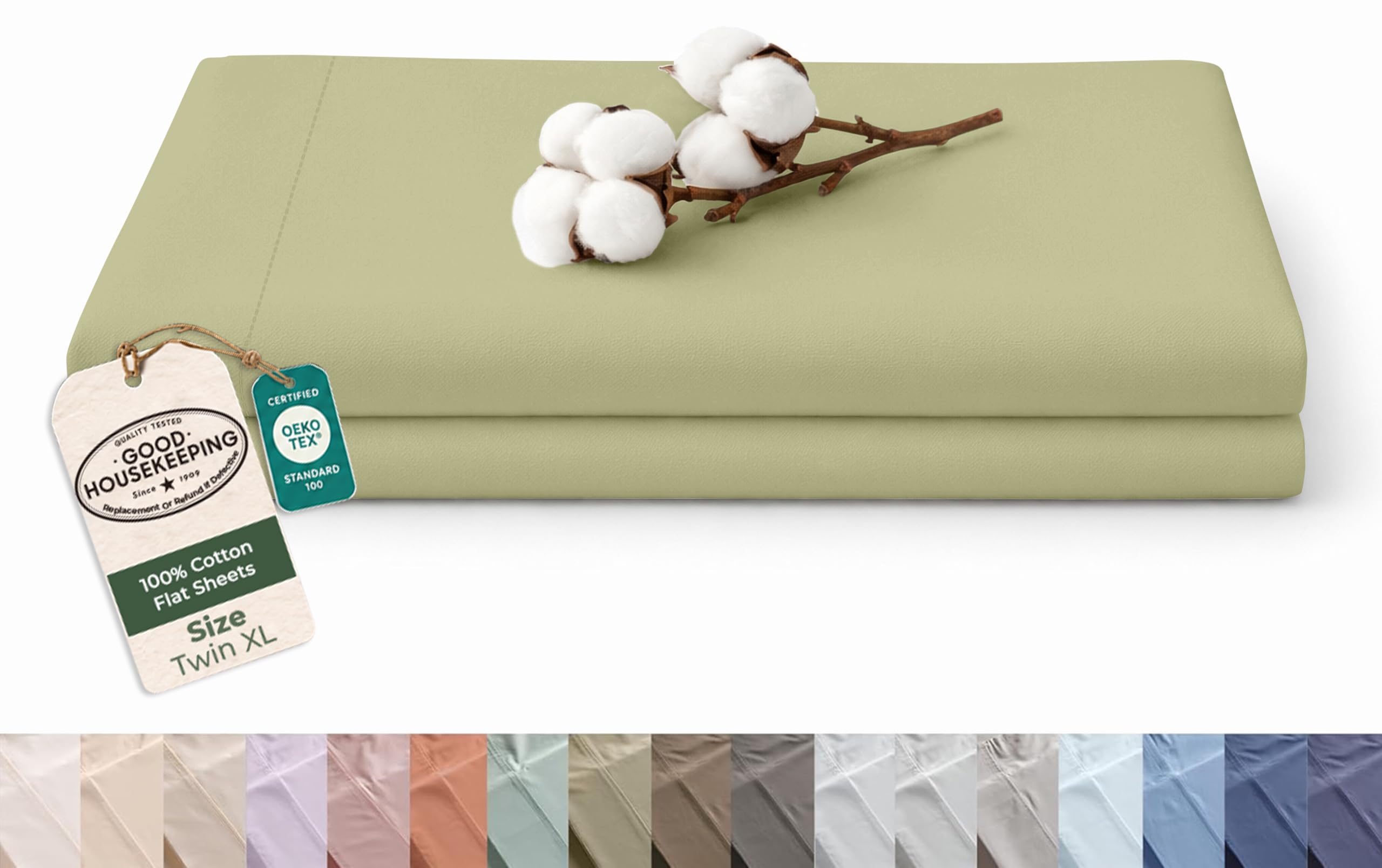 Royale Linens 100% Organic Cotton Twin XL Size Flat Sheet Only - Percale Top Sheets - Twin XL Flat Sheet Sold Separately - Lightweight 100% Cotton Sage Green Bed Sheets Only (66" x 102" SageGreen)