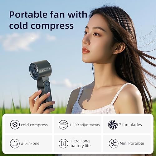Miniatura 6 de Ventilador de mano portátil con tecnología de enfriamiento instantáneo de hielo, 199 velocidades ajustables y turbo de alta velocidad, batería