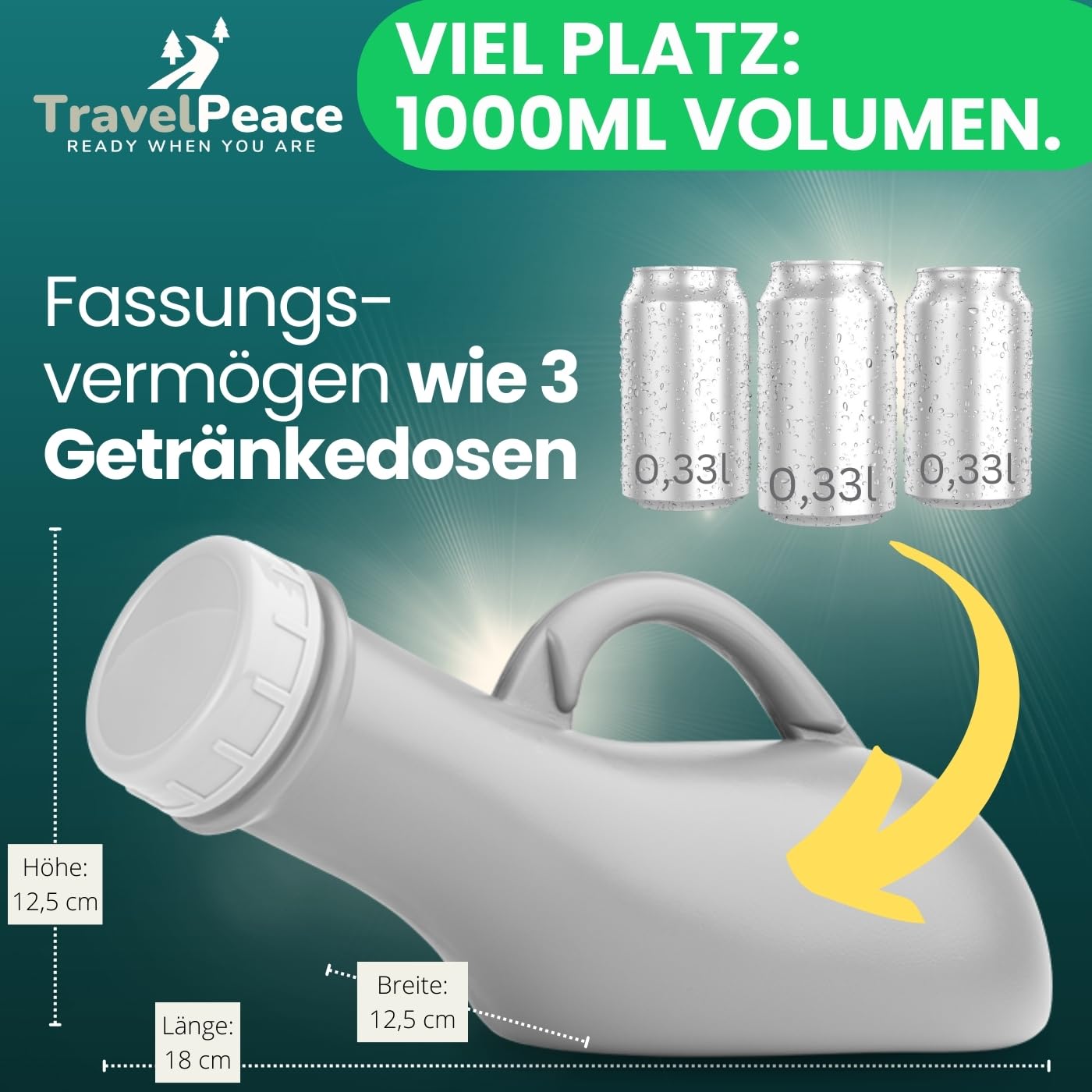 Urinflasche - 3in1 Komplett Set - mit Komfort Hygienebürste - inkl. Blickschutz-Beutel - Urinal Frauen und Männer