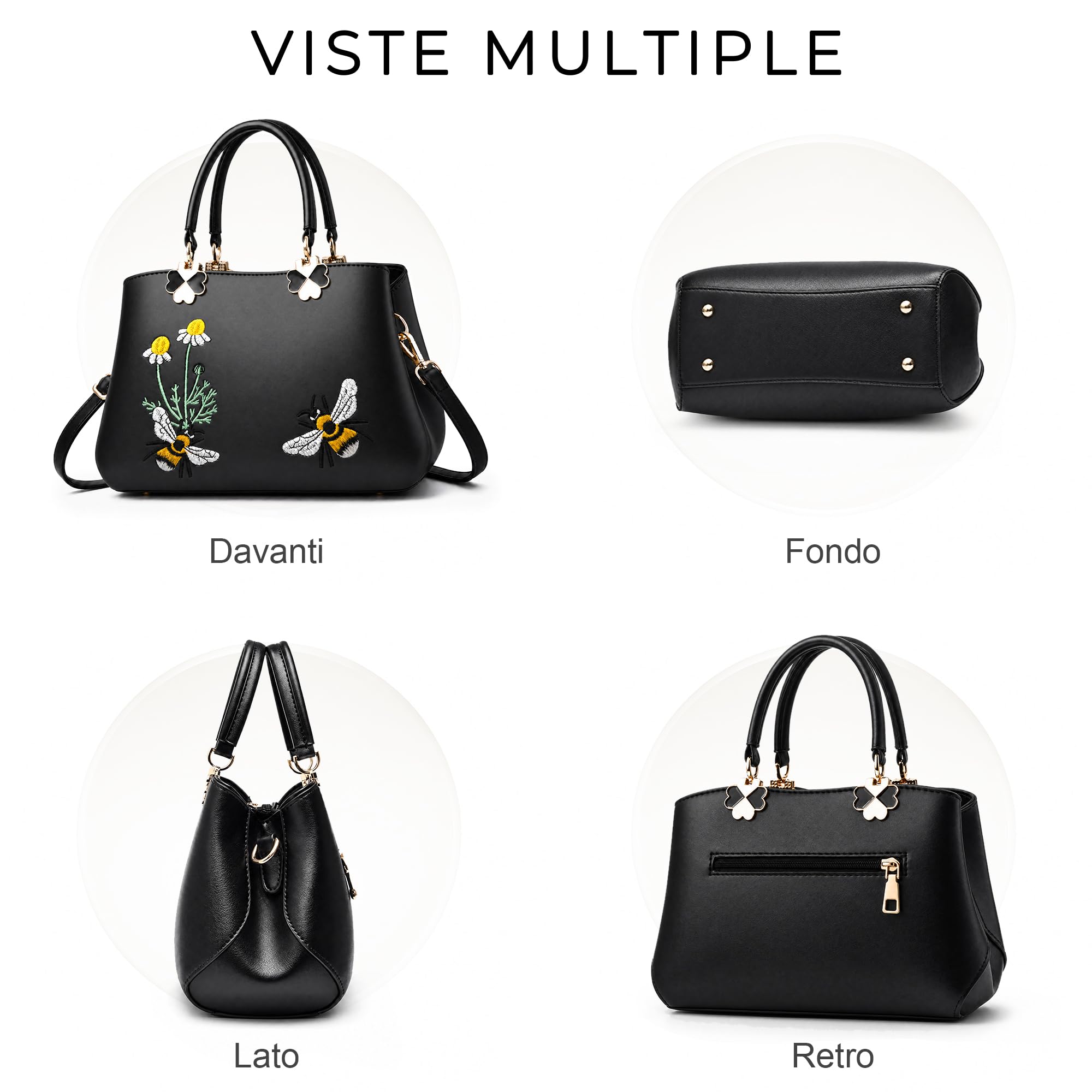 VARLIVOO Elegante Donna Borsa Ricamo Borse a Mano Borsetta Borsa a Tracolla da Donna Borse a Tracolla Spalla Lavoro Viaggiare Shopping PU Pelle Nero B