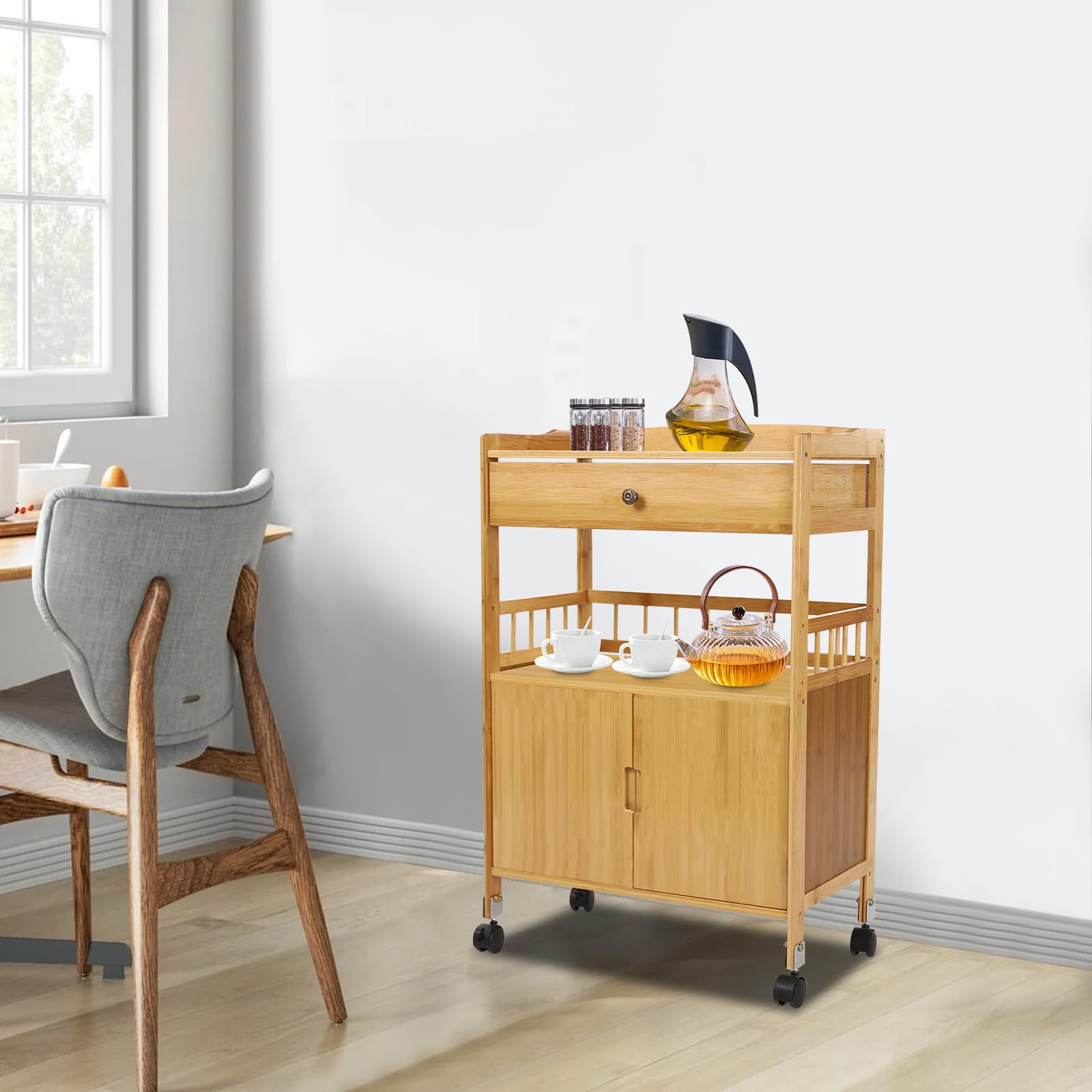 Bambus Küchenwagen mit Schublade und Schrank, Servierwagen auf Rollen, Lagerschrank mit 2 Ebenen und Universalrädern, Küchenrollwagen für Wohnzimmer, Esszimmer, Schlafzimmer, Natur (Log Color)