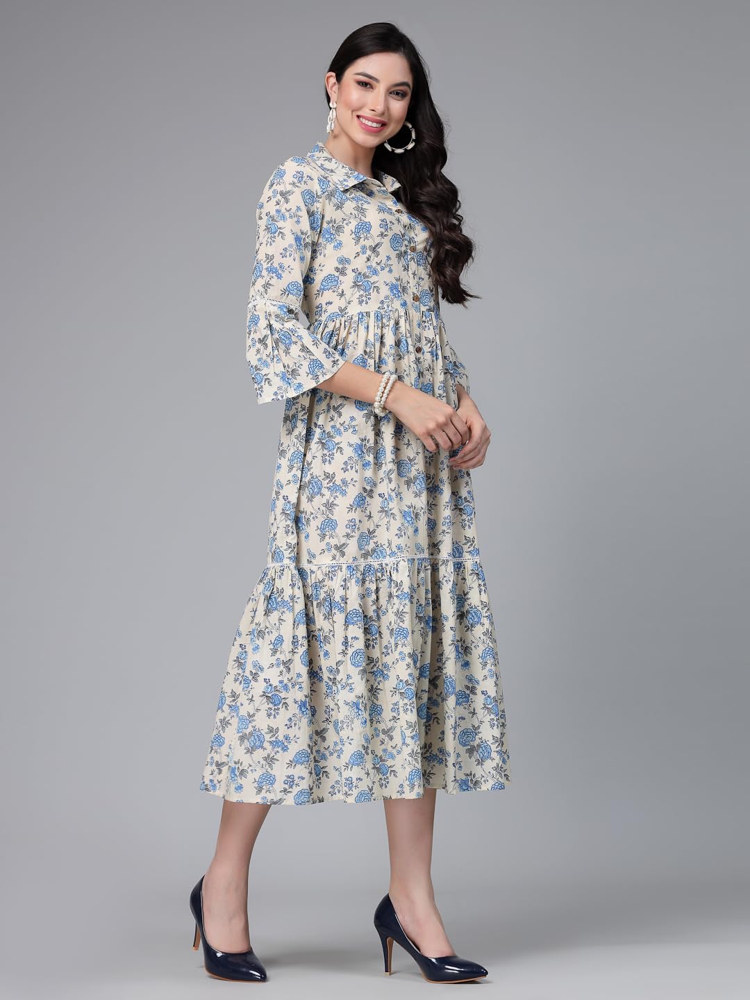 Stylum Women's Floral Printed Cotton Tiered Midi Dress (Drsneon38_Cream, M)