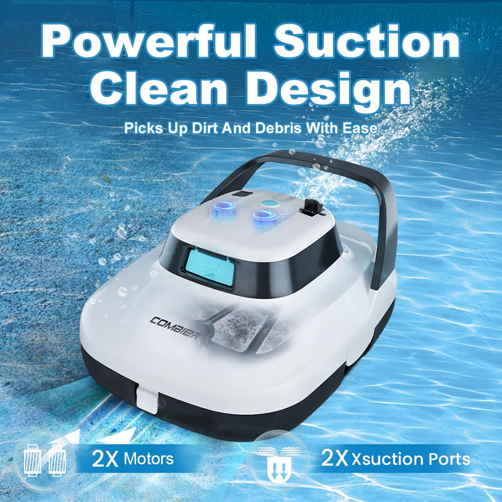 Combier Aspirateur de piscine sans fil S1 2026 pour piscines hors sol, double moteurs et ports d'aspiration puissants, robot aspirateur automatique de piscine 90 min d'autonomie, stationnement