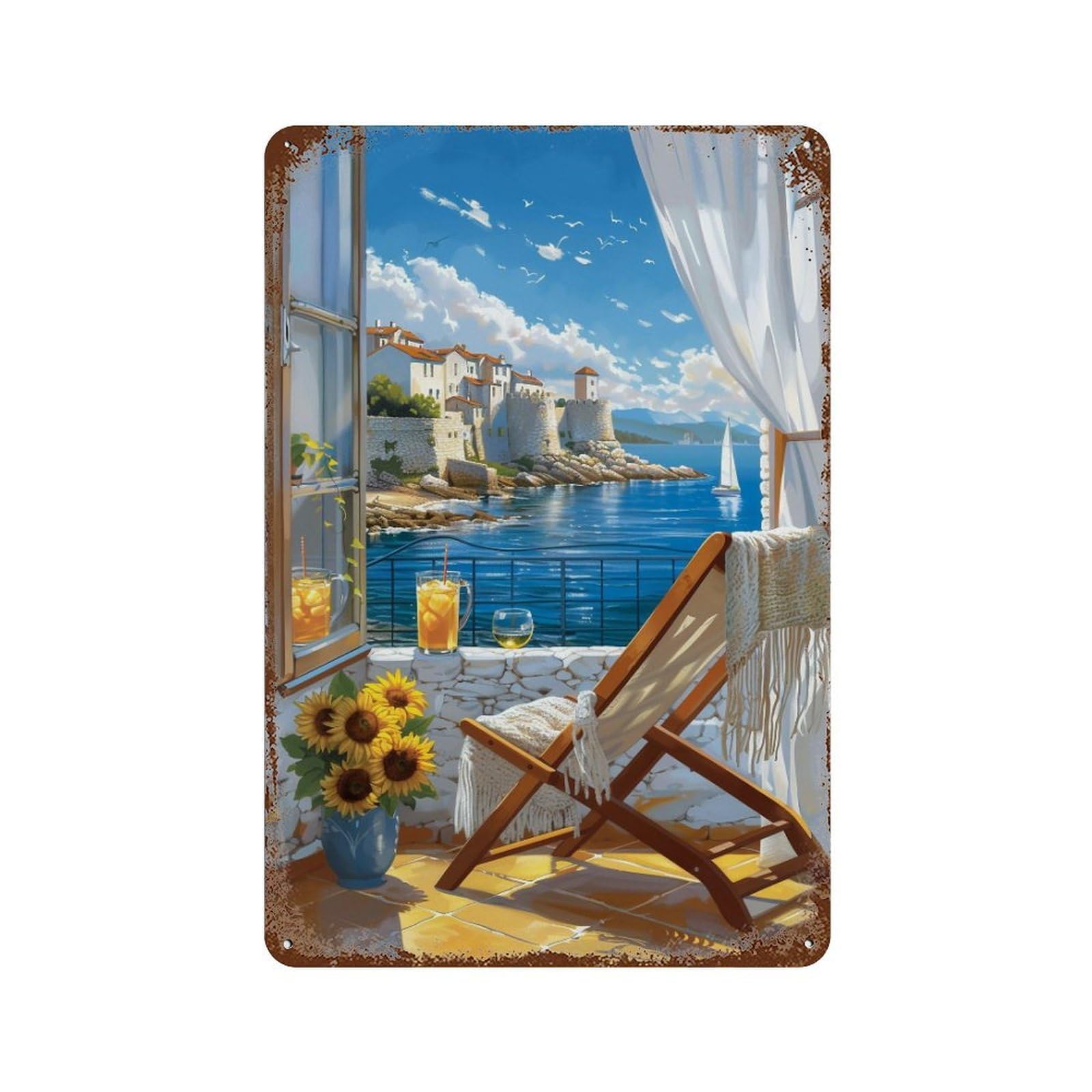 HDURYEYRYY Mediterranean Window View 02 Wall Retro Iron Vintage Art Metal Tin Sign Poster Modern Home Cofffee Club Art Bar Shop Decor Style 30x20cm