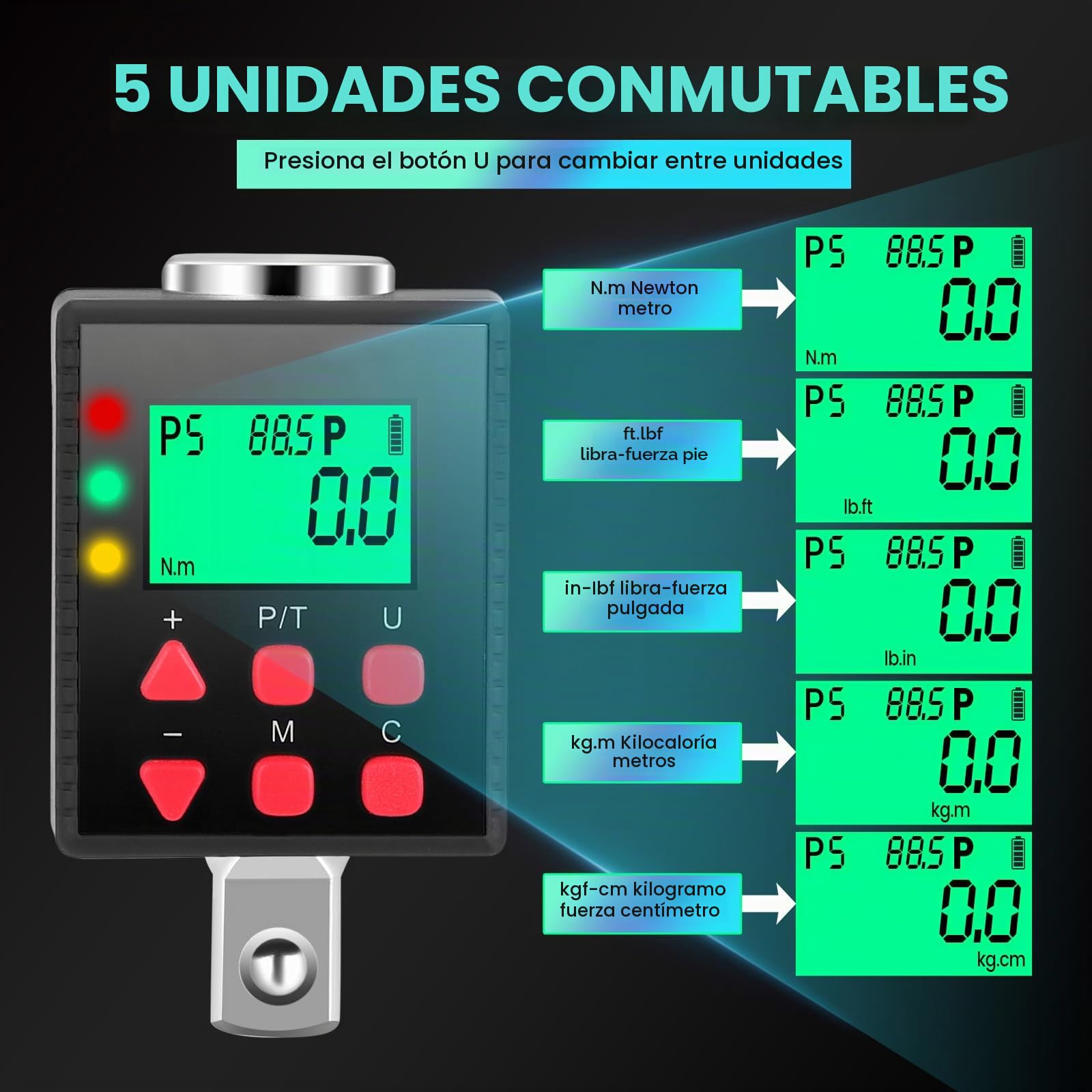 Llave Dinamometrica Digital 3,4-340Nm, 1/2 1/4 3/8 Adaptadores de Alta Precisión 5 Unidades de Torsión Pantalla Retroiluminada Perfecto Para Automóviles Bicicletas Motocicletas y Reparaciones