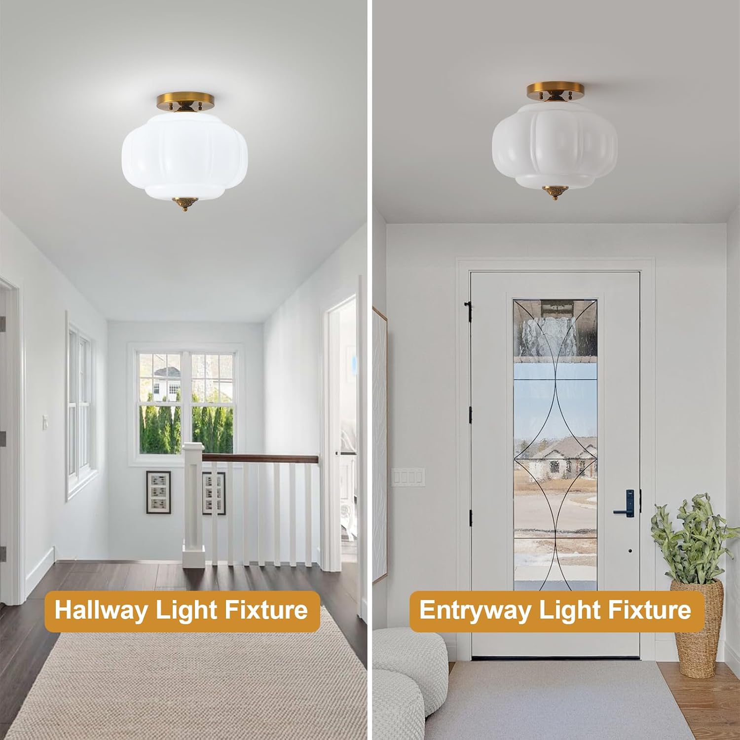 15in Milk Glass Ceiling Light, Vintage Gold Semi Flush Mount Schoolhouse Ceiling Light Fixture Art Deco Style, for Kitchen Island Dining Living Room Lighting, LED Bulb Included 1 Pack