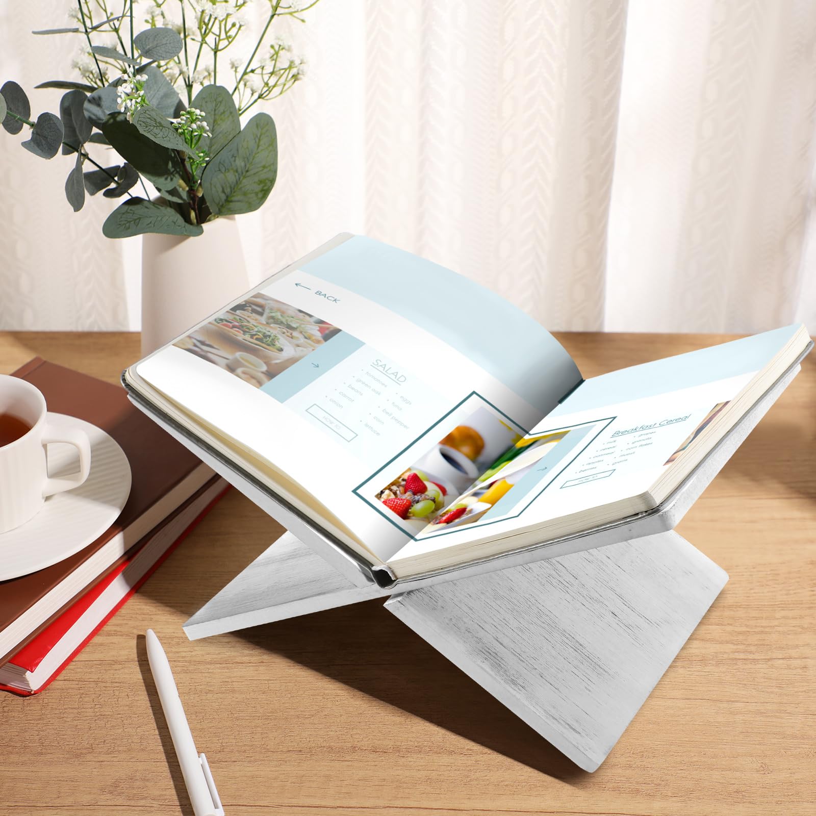 Geetery Soporte para libros, soporte para libros, soporte para libros de texto, soporte abierto para libros abiertos y cerrados, libros de cocina, revistas, libros de texto, soporte de recetas (blanco