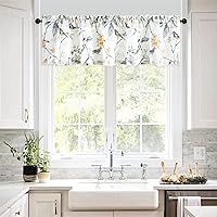 Vista 25 de VOGOL Cenefas con patrón de pájaros para ventanas de cocina, cenefa texturizada de lino con estampado floral y pájaros para ventanas pequeñas