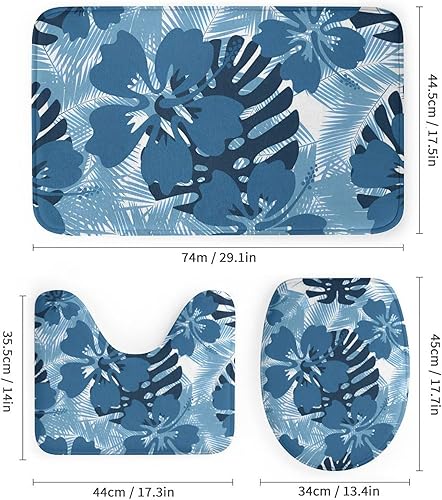Miniatura 3 de KXO Juego de 4 cortinas de ducha impermeables con diseño de flores de hibisco y hojas tropicales de Monstera con alfombras antideslizantes, cubierta