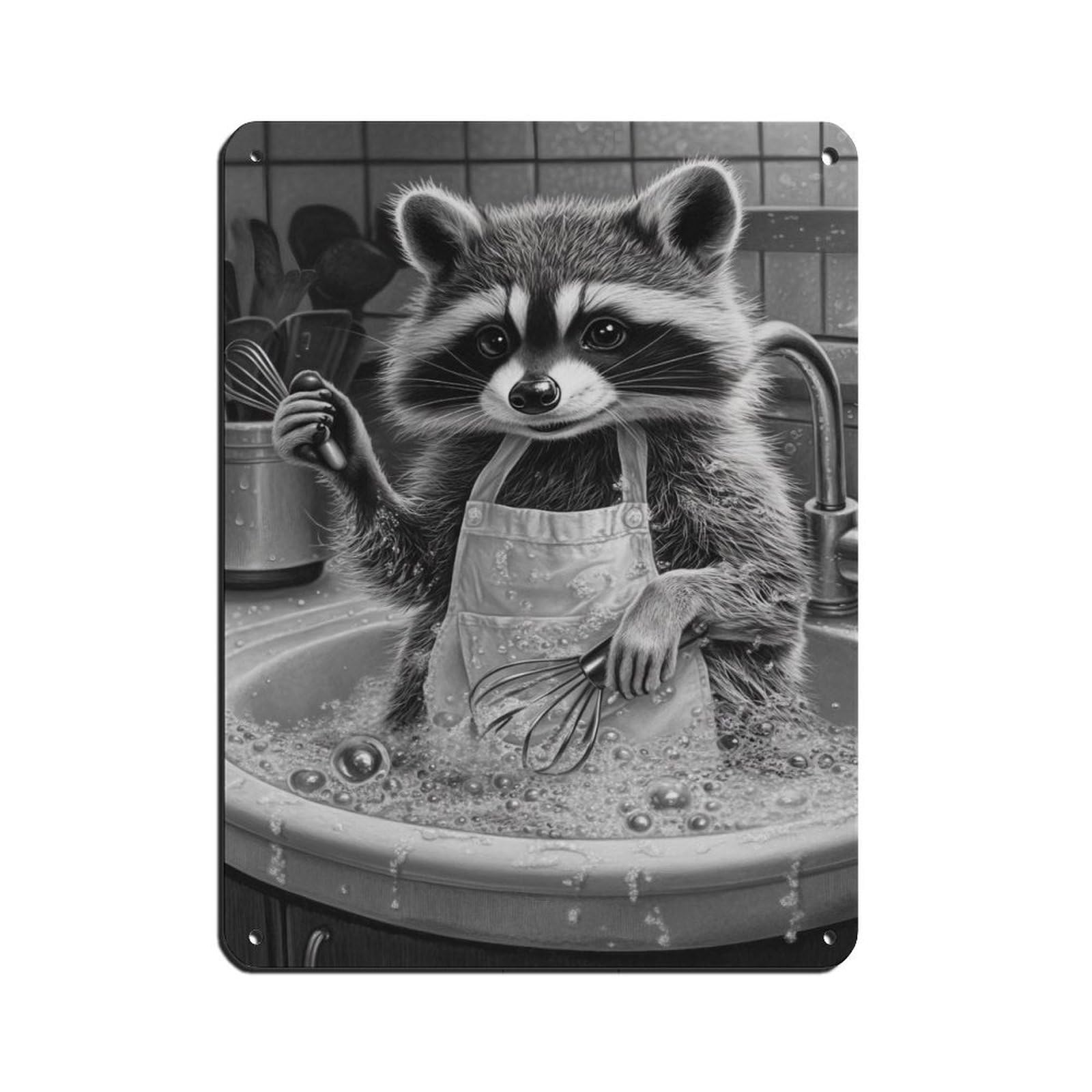Cute Raccoon Kitchen Art Retro Poster Metal Tin Sign Chic Art Retro Iron Painting Bar People Cave Cafe Family Garage Poster Wall Decoration 12x16inch(30x40cm)