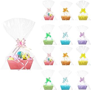 Sinload 12 Sets Easter Empty Gifts Baskets 6 Colors Paper Market Tray with Handles 8 x 6 x 3 Inch Cardboard Basket to Fill with Multicolor Bows and Clear Gift Bags for Wedding Birthday Party Gift Wrap