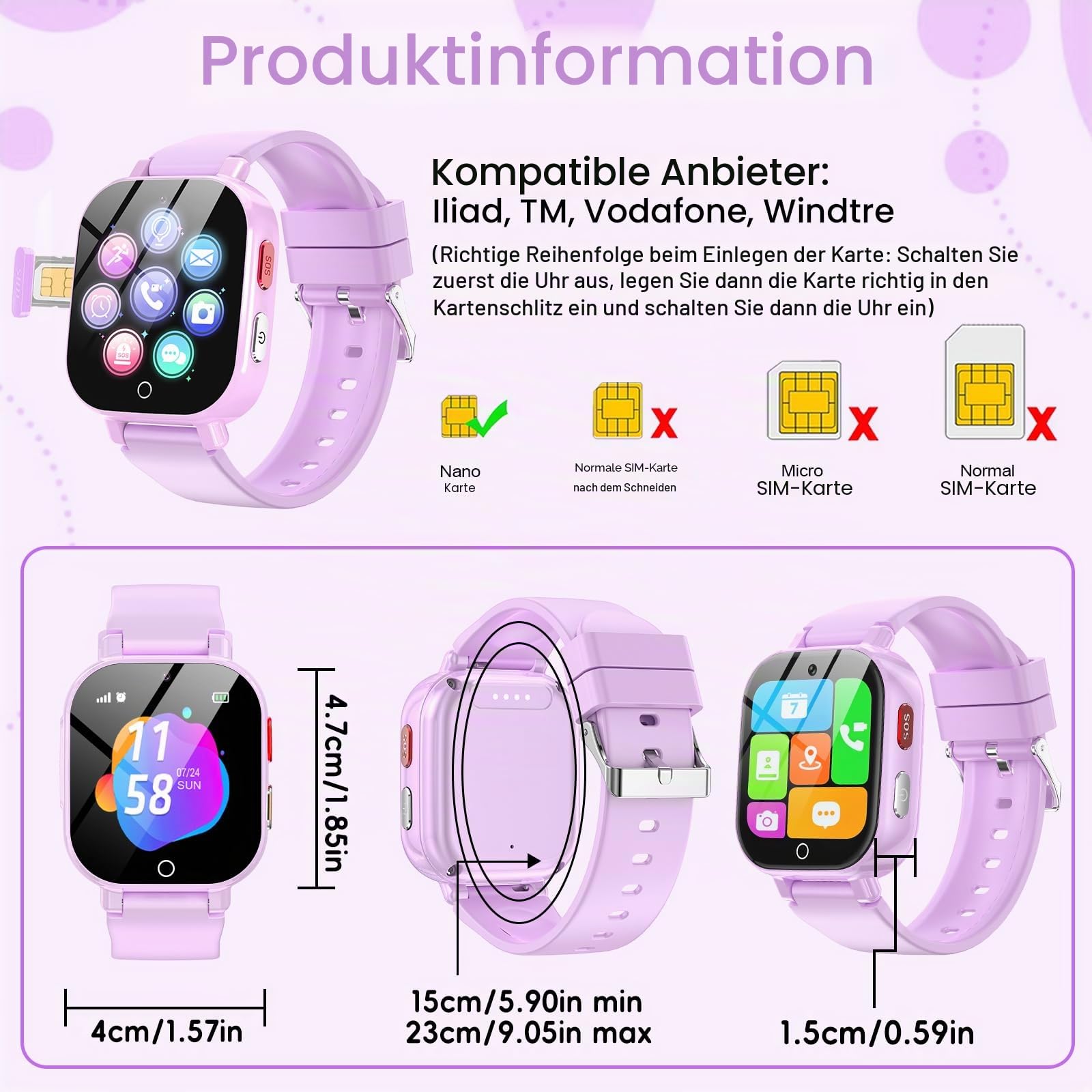 4G Smartwatch für Kinder mit GPS Tracker, 4G Telefon, SOS Notruf, Wecker, Schulmodus, Schrittzähler, Puzzle-Spiele, Kinderuhr Geschenk für Jungen Mädchen 4-12 Jahre (Lila)