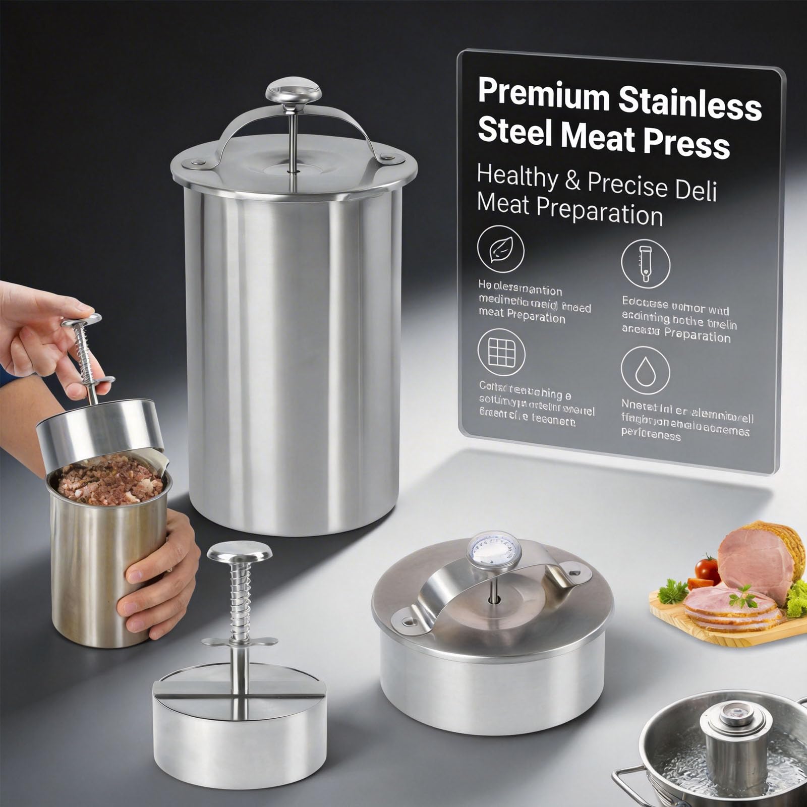 Molde de acero inoxidable para prensa de carne con termómetro y mecanismo de resorte, perfecto para carnes caseras de jamón y almuerzo, ideal para cocinar saludable en casa