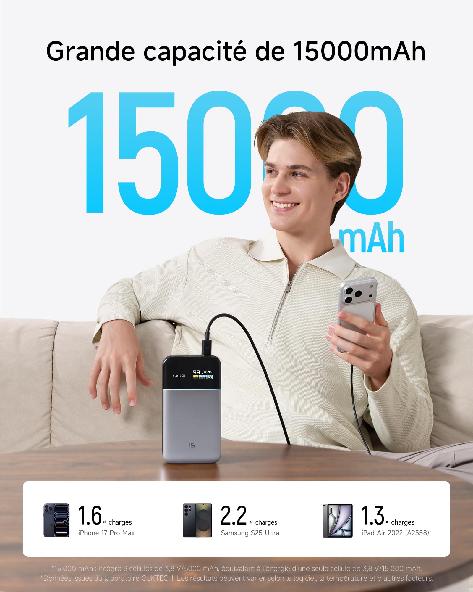 CUKTECH 15 Air 100W 15000mAh Batterie Externe avec Écran TFT, Certifiée CCC