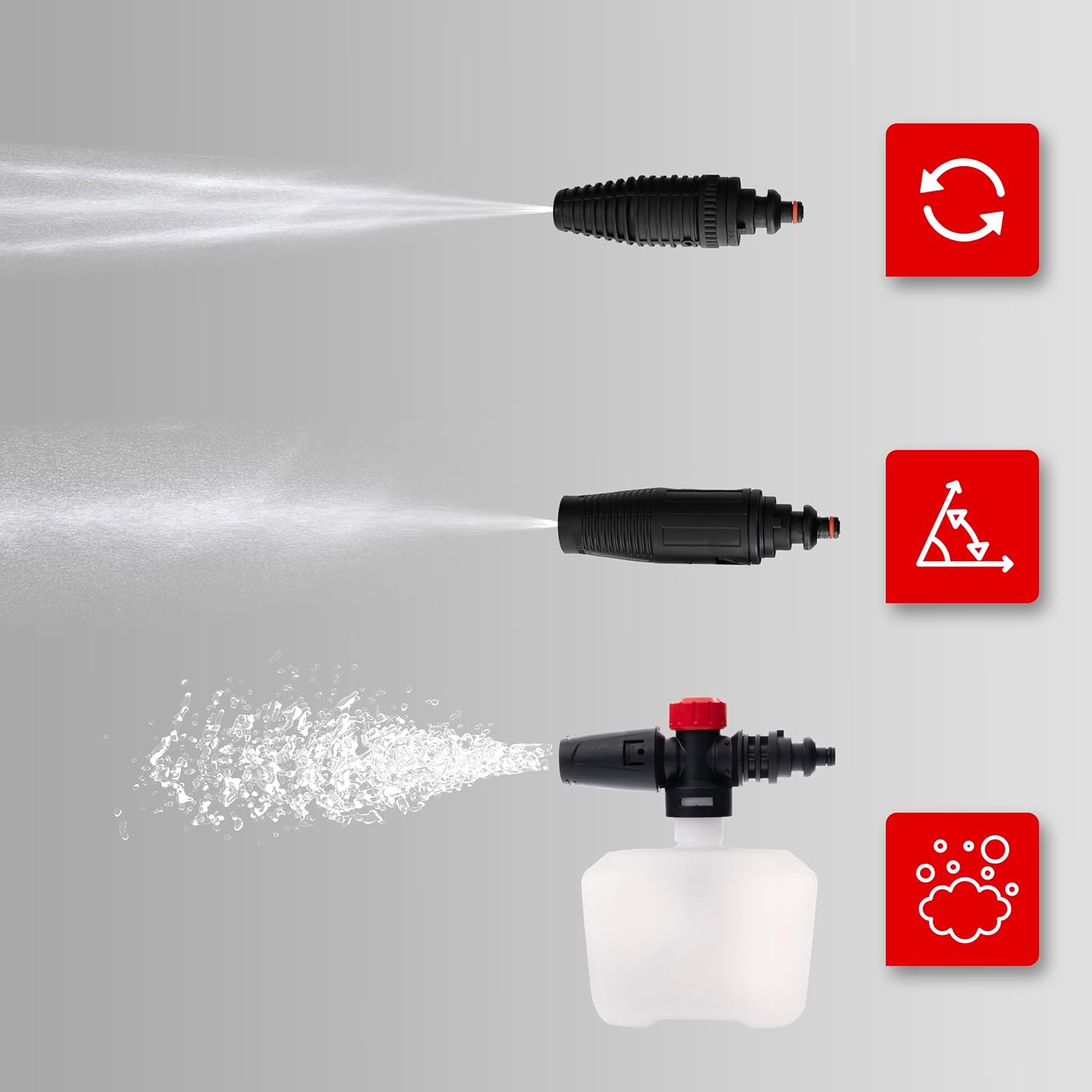 Different spray patterns from pressure washer nozzles
