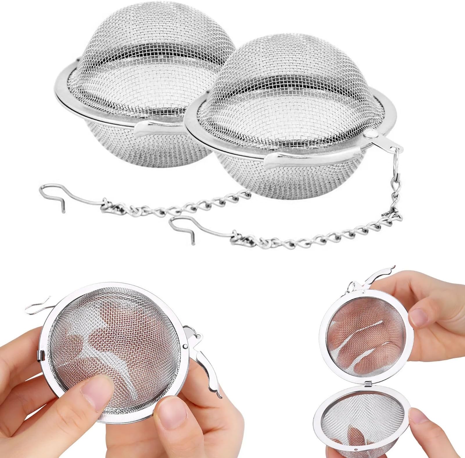 Stainless Steel Tea Strainer Infuser Balls, 2 PCS Tea Strainer Infuser Ball Tea Ball Tea Filter Premium Tea Filter Tea Strainer Stainless Steel Mesh Tea Balls Infuser with Extended Chain Hook (Silver)