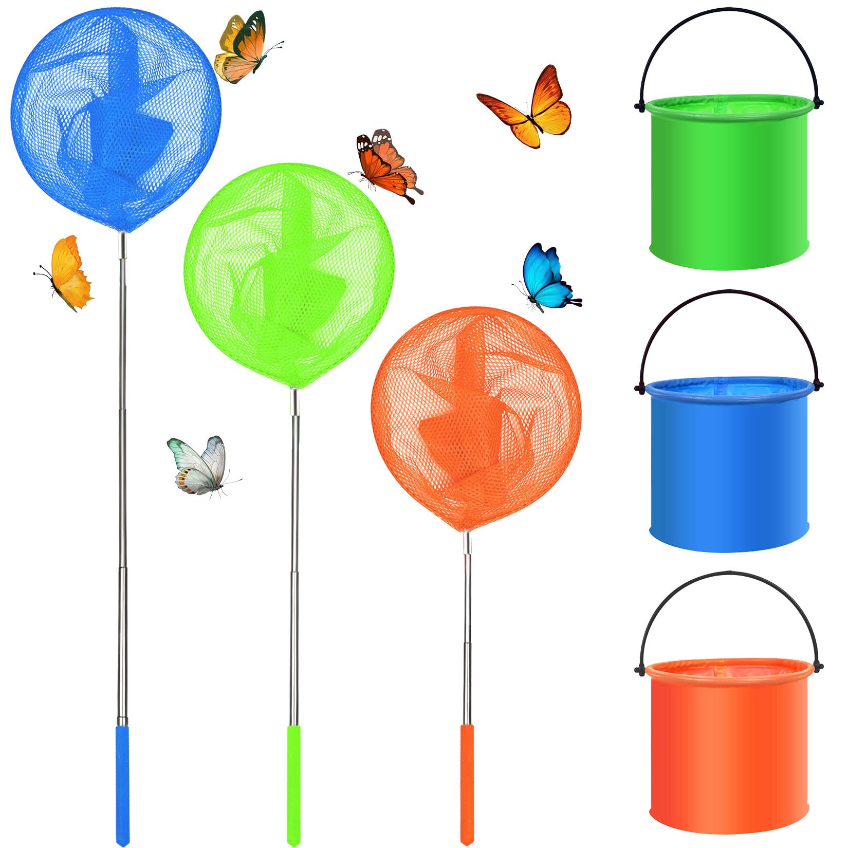3 Stück Kescher und 3 Stück Faltbarer Eimer 85cm Teleskop Käscher Schmetterlingsnetze Set Fischernetz von Insekten Angeln Outdoor Gartenaktivitäten