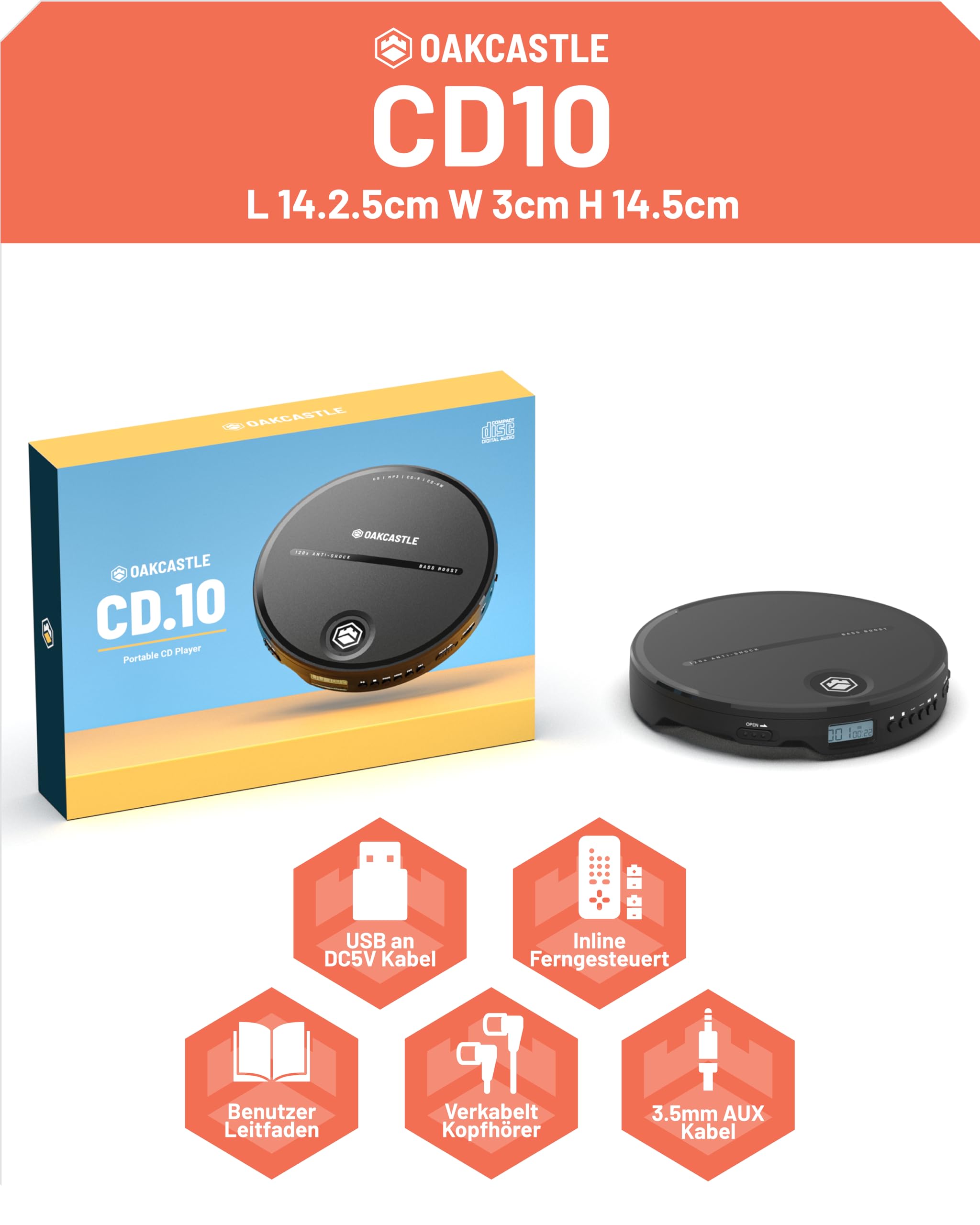 CD Player Tragbar | Discman Kopfhörern | 7 Stunden Akkulaufzeit Tragbarer | Bass Boost CD Spieler Tragbar | Anti-Skip Tragbare | AUX Auto Kompatible | OAKCASTLE CD10