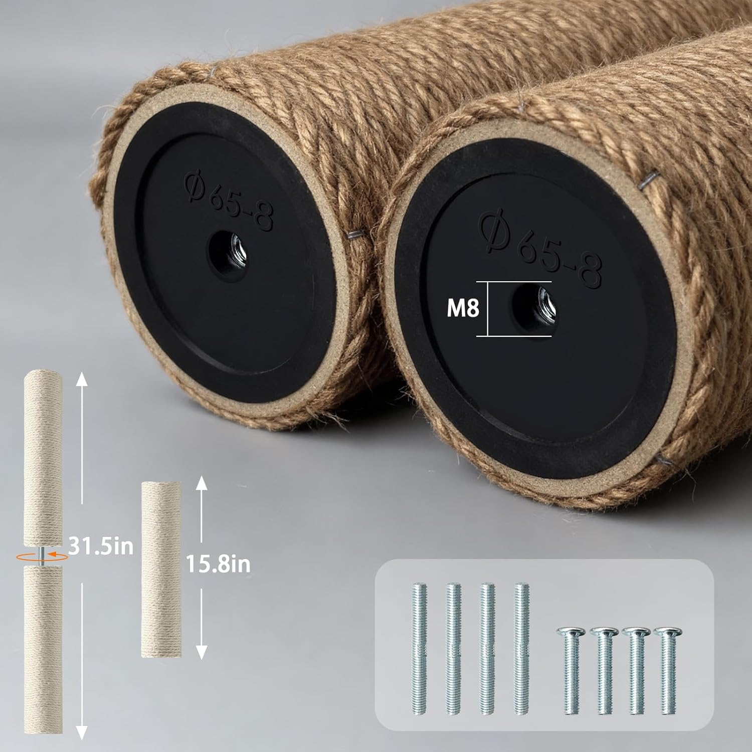 4 Pack Cat Scratching Post Replacement, 15.7 x 3.1 Inch Sisal Poles with M8 Screws, Refill Parts for Indoor Cat Towers and Furniture Repair-Brown