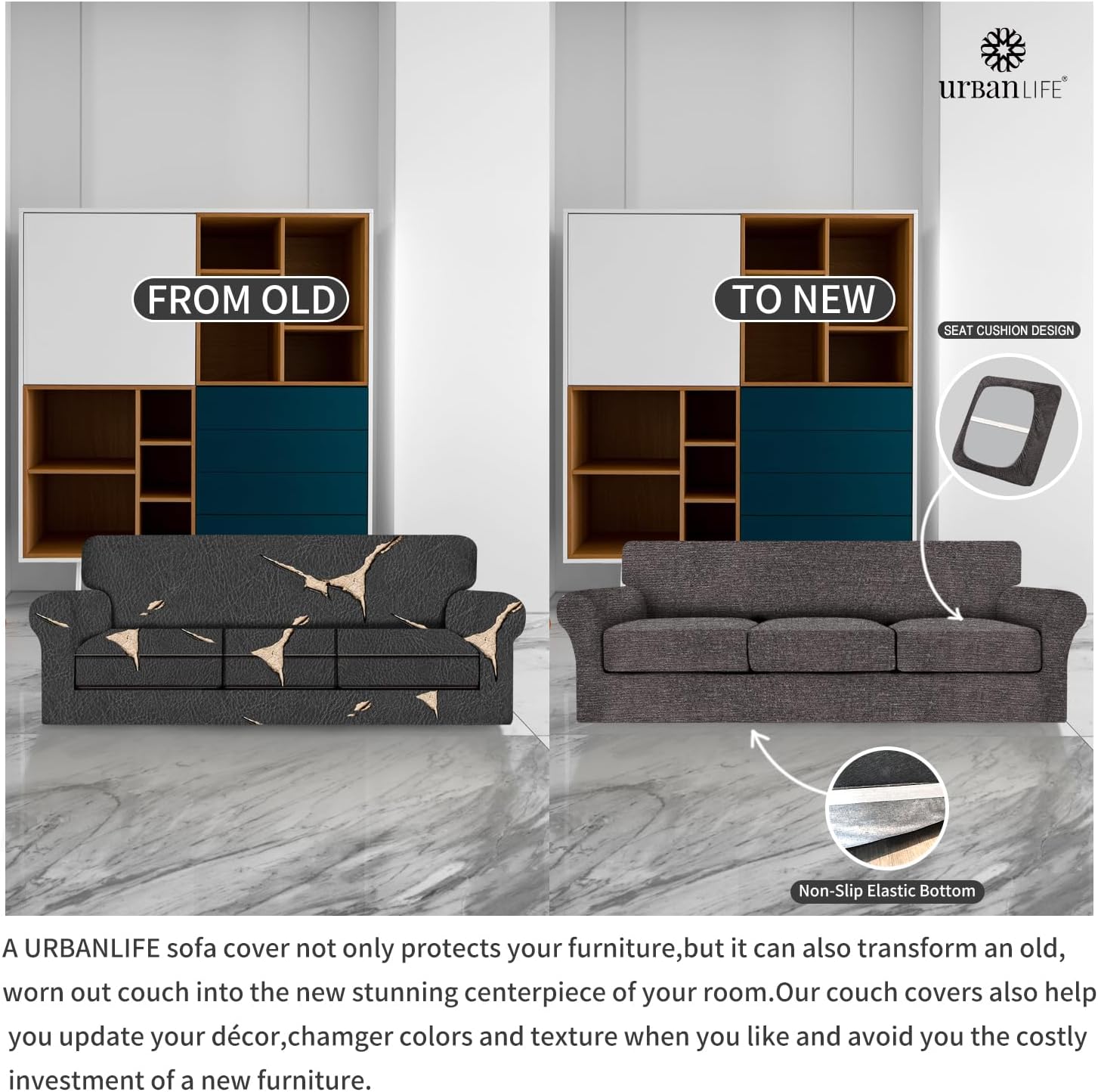 URBANLIFE Stretch Sofa Covers & Loveseat Couch Covers for 3 Cushion Sofa with 2 Cushion Sofa for Living Room Slipcover Set, Charcoal Gray