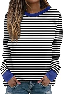 Long Sleeve Striped Shirts for Women Oversized Fall Fashion Gym Tops Dressy Casual Crewneck Sweatshirt Trendy Outfits