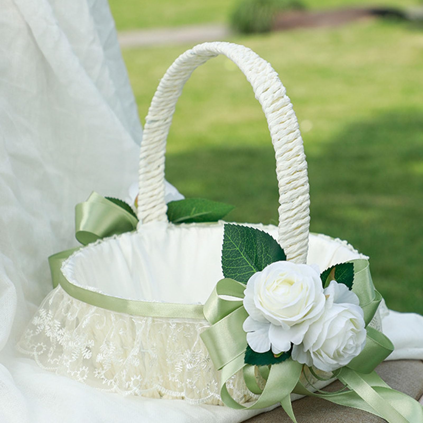 Satin-Hochzeitskorb & Ringkissen Set – Weiß/elfenbein, Mit Kirschen-Schleife, Für Blumenmädchen & Ringträger