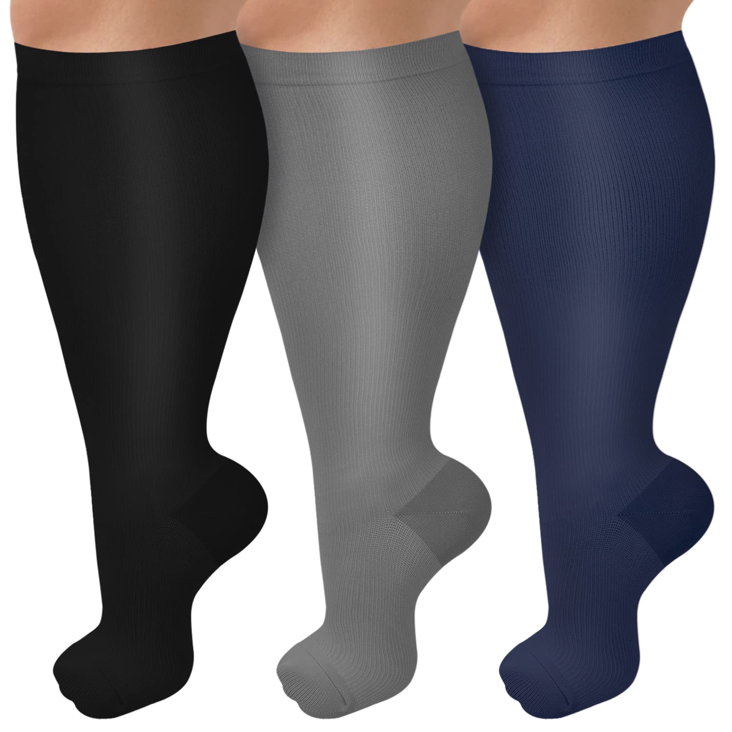 3 Pack Plus Size Compression Socks for Women & Men, Extra Wide Calf Knee High Stockings for Circulation Support