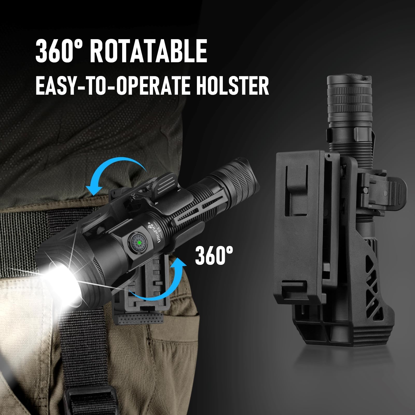 UltraFire Wiederaufladbare Taktische Taschenlampe mit Holster, 1350 Lumen Zoombare LED Polizei Taschenlampe mit Halterung für Dienstgürtel, 6 Modi, USB-C, für Camping/Gesetzesvollzug, E5