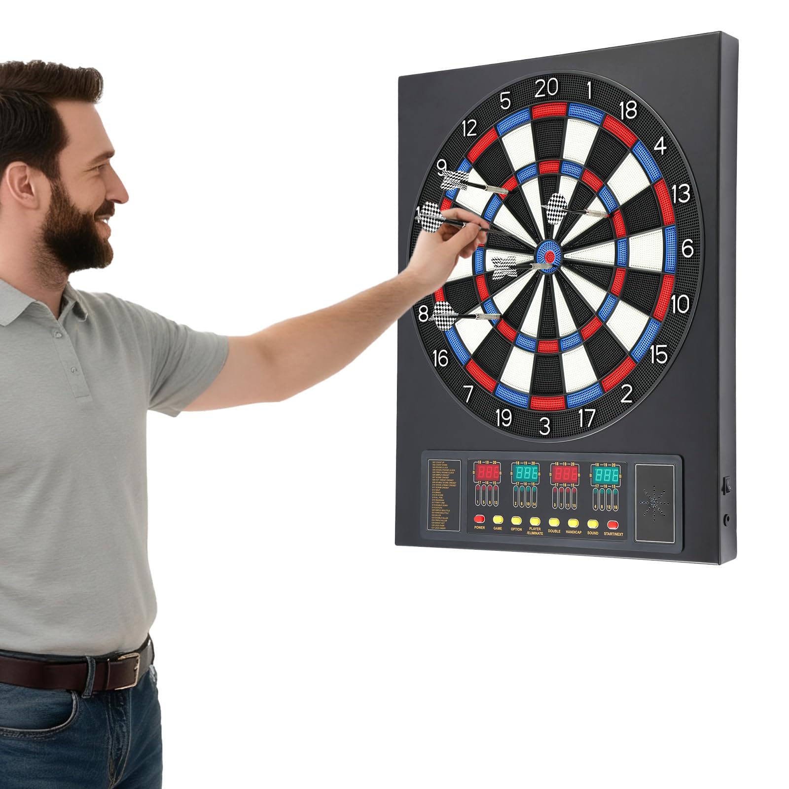 Diana electrónica profesional con 27 juegos y voz, pantalla LED automática para 16 jugadores, montaje en pared, incluye 12 dardos y accesorios para fiestas, pub y hogar, color negro