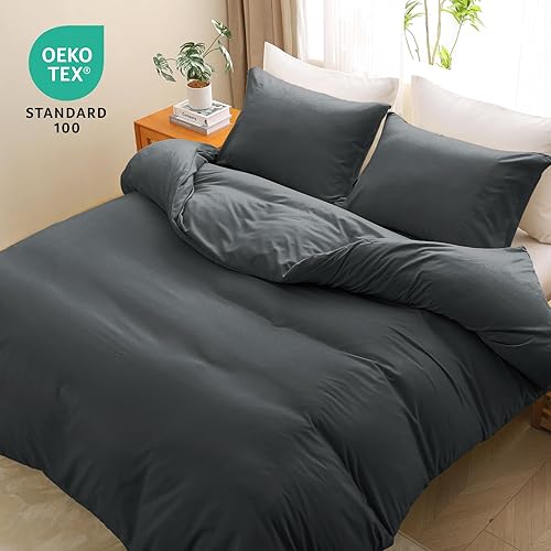 Miniatura 3 de Juego de funda de edredón gris oscuro tamaño King, de microfibra cepillada suave y refrescante, 3 piezas con cierre de cremallera, 1 funda de