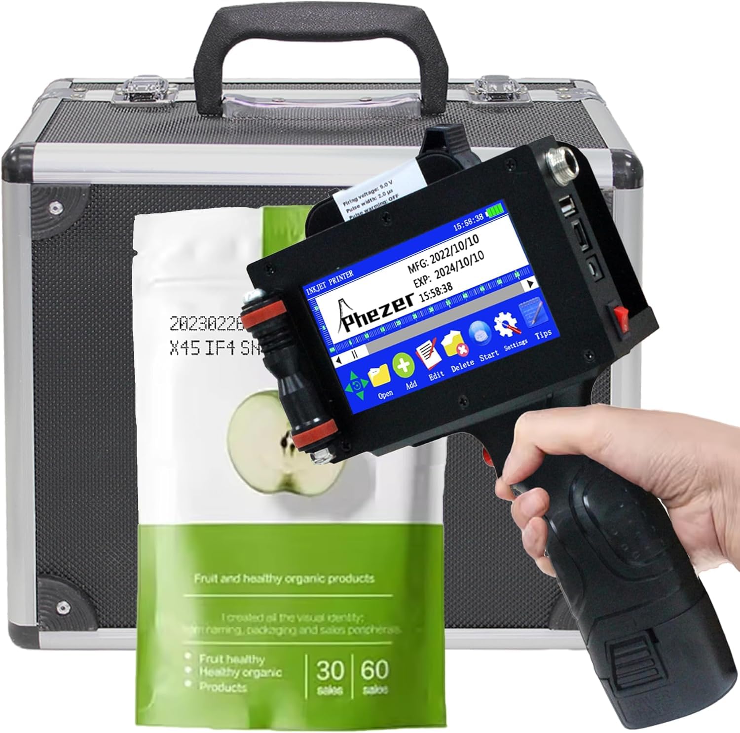 Phezer P16-1 Handheld Inkjet Printer, Printing Height 1 Inch with 72ml Solvent Ink Cartridge, Portable Intelligent Coding Machine for Expiry Date/Time