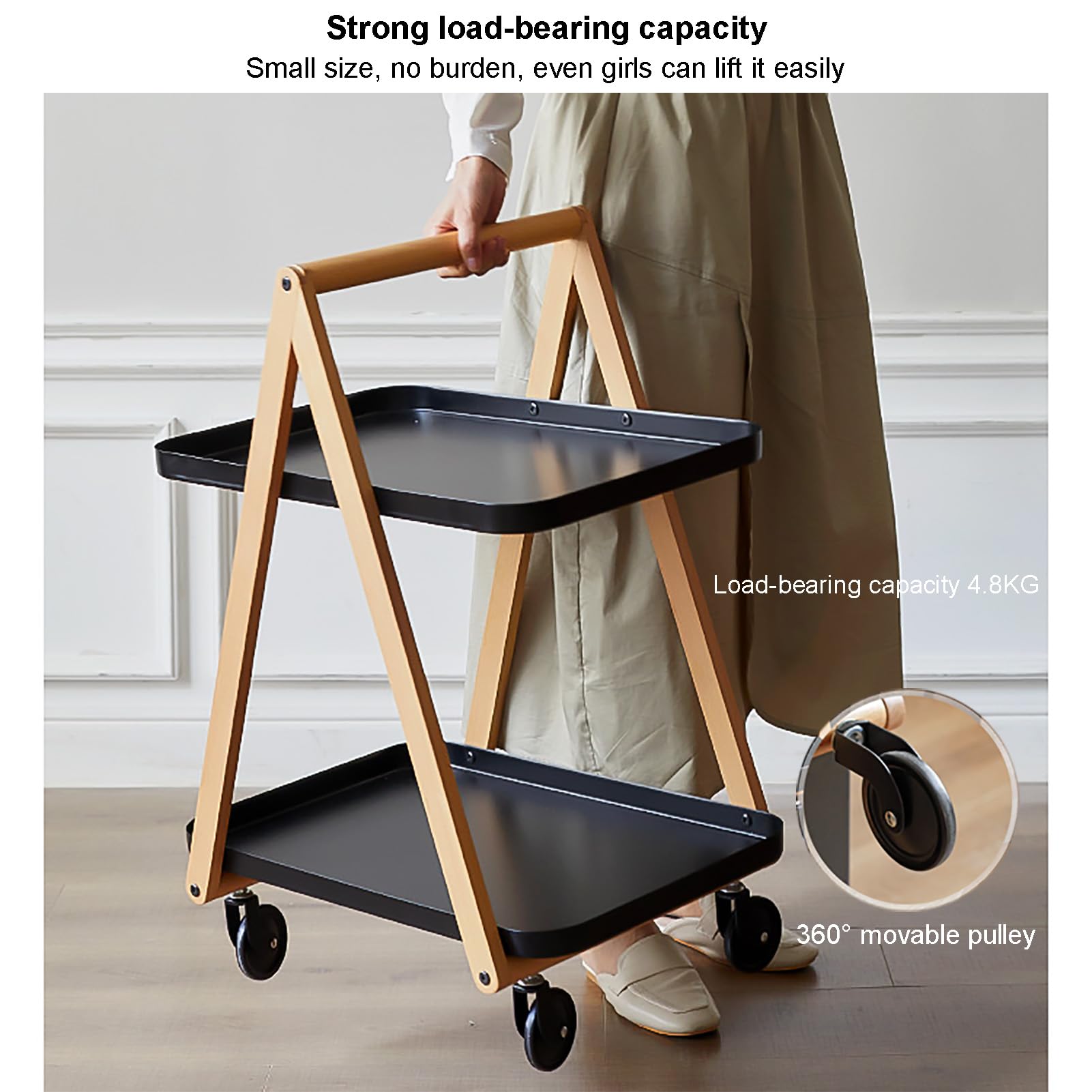 Carrito de Almacenamiento con Ruedas, Mesa Auxiliar de 2 Niveles con Ruedas, Carrito utilitario de Madera para Sala de Estar, Dormitorio, Comedor y Cocina.